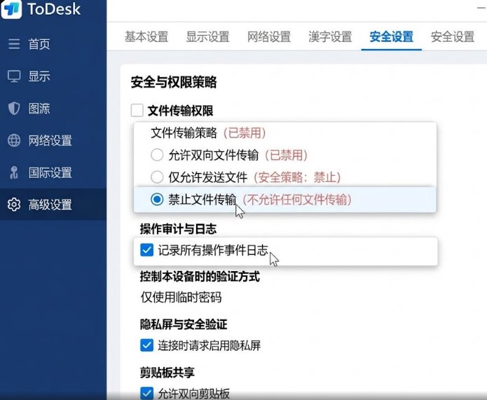 ToDesk安全设置面板中禁用文件传输功能与开启本地审计日志记录